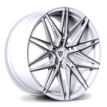 Tesla custom wheels with 21inch staggered size, gloss white and black color. Perfect rims for your Tesla Model Y, 3, x and s-RVRN Custom Forged Monoblock Wheels Series